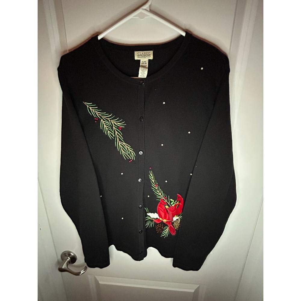 Vintage 90's Classic Elements Cardinal Birds Embroidered Pearls Cardigan Sweater